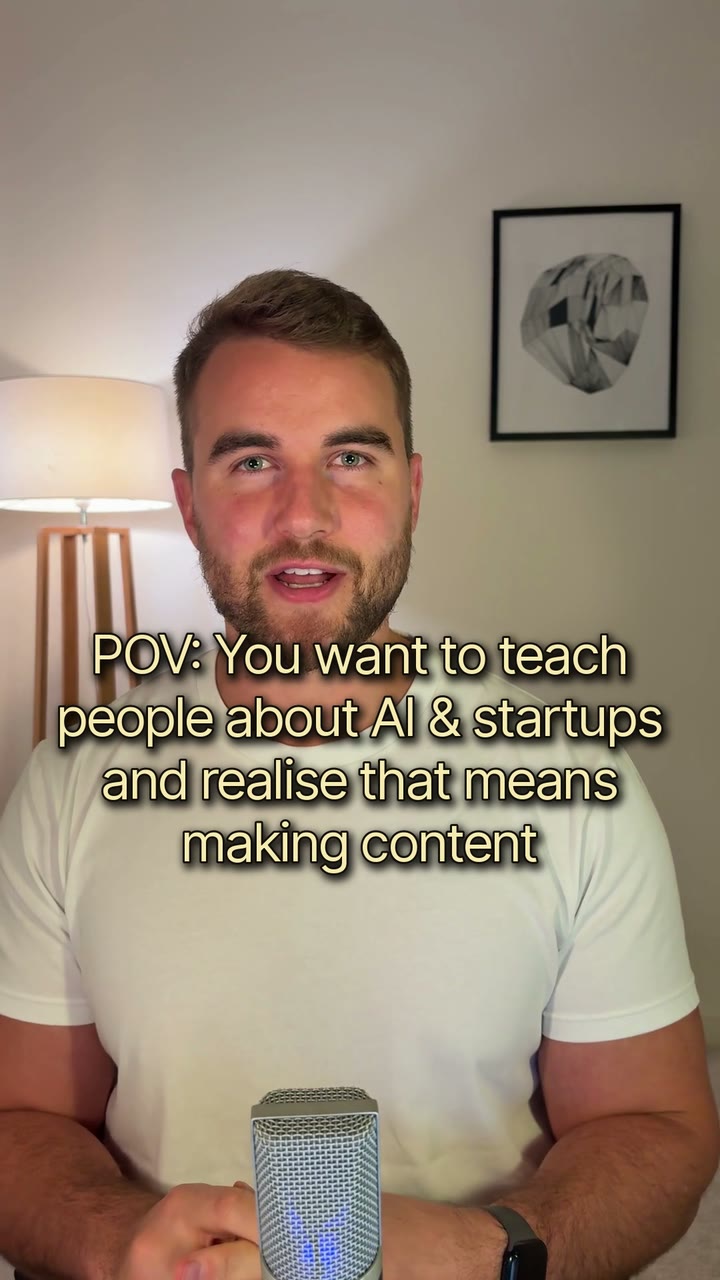 Rich on camera under a caption about realising that teaching AI and startups means making content