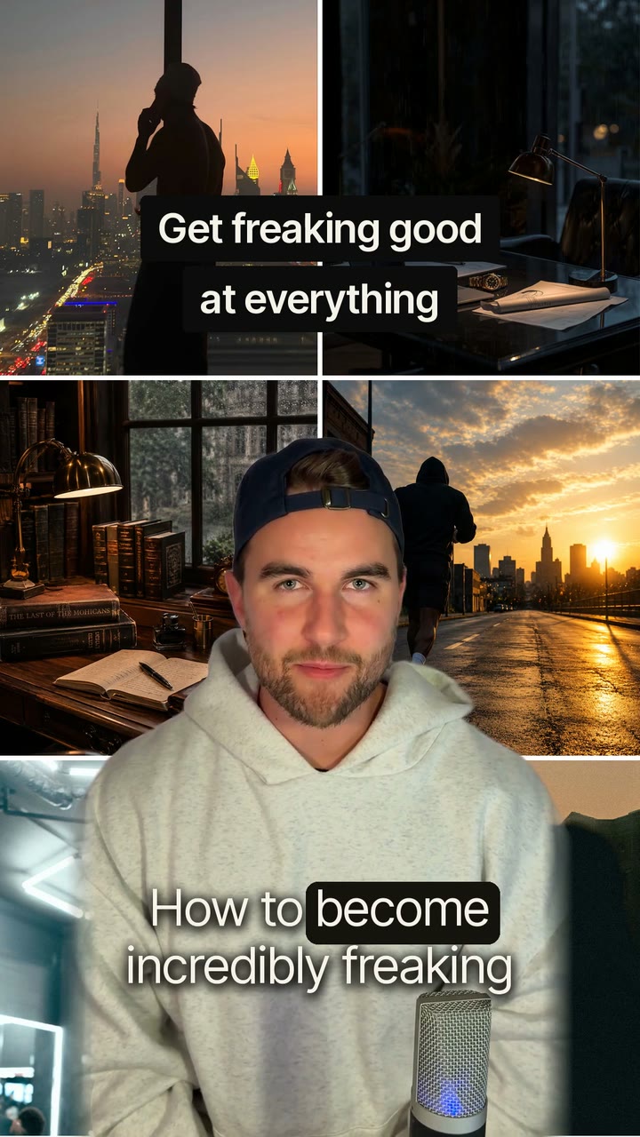 Rich as a silhouette over an editorial photo collage, with the line: how to become freaking good at everything
