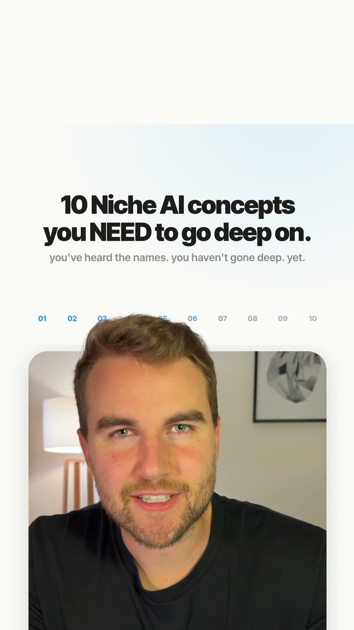 Rich in a rounded picture-in-picture with rapid-fire cards naming ten niche AI references