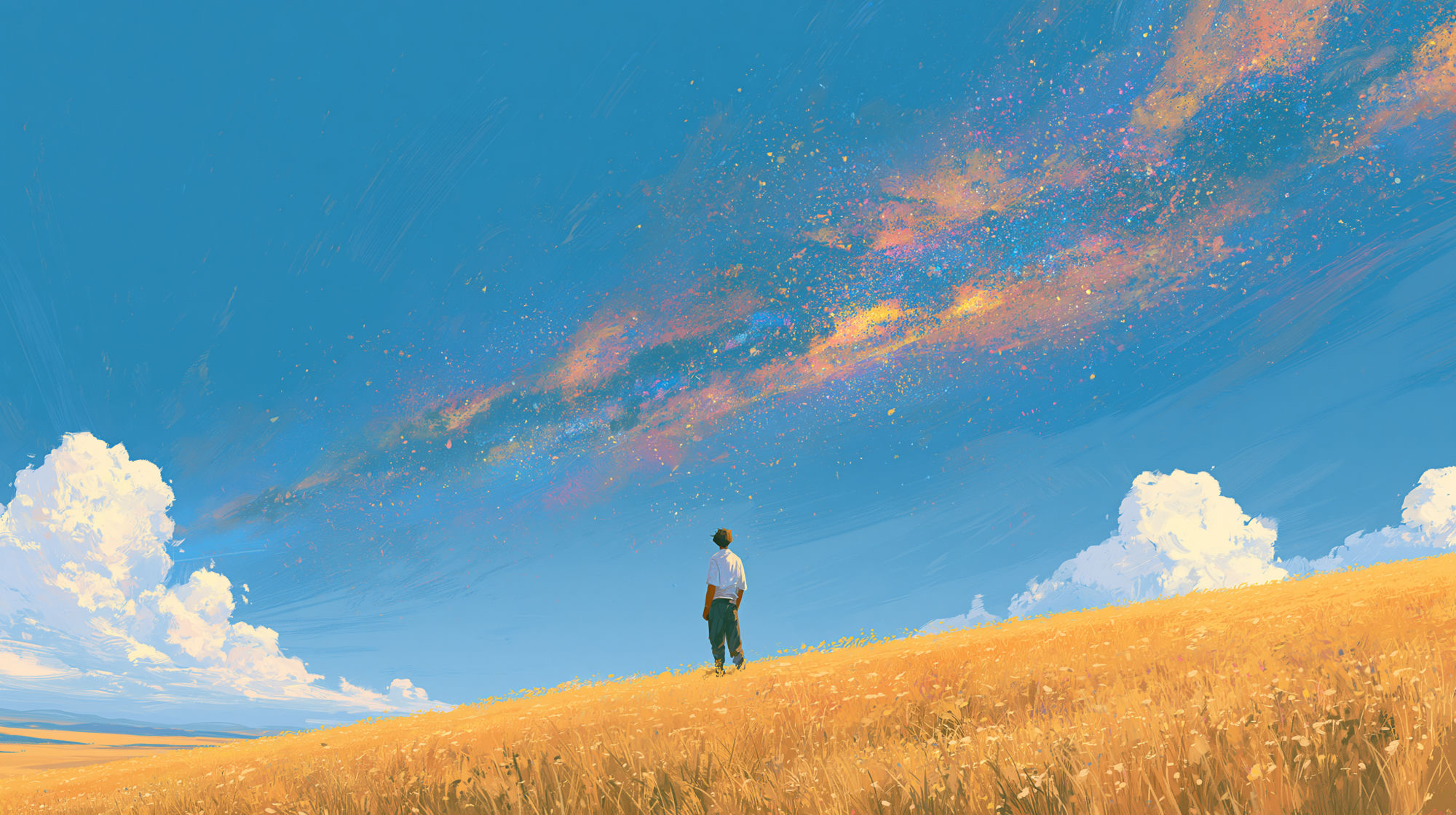 A figure in a golden field looking up at a vast painted sky.